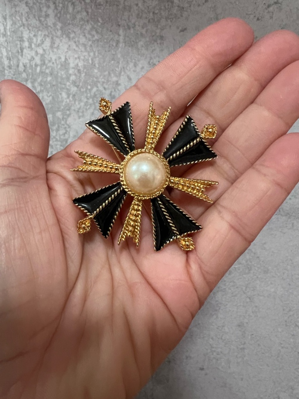 Vintage St John Enamel Faux Pearl Maltese Cross Pin Brooch